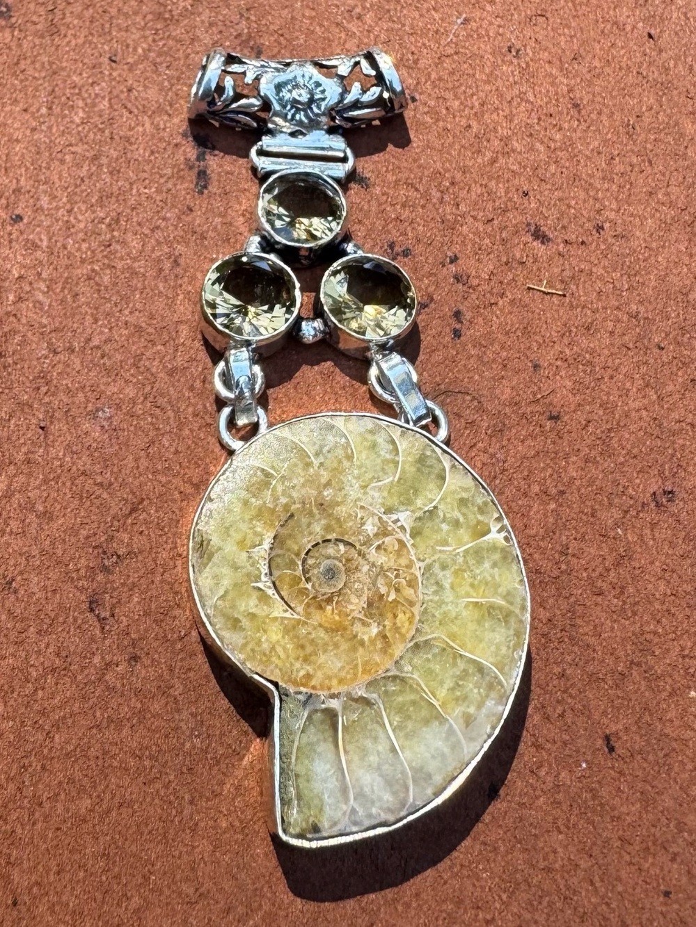 Ammonite Fossil Smoky Topaz 925 Silver Plated Teardrop Pendant 2.8"
